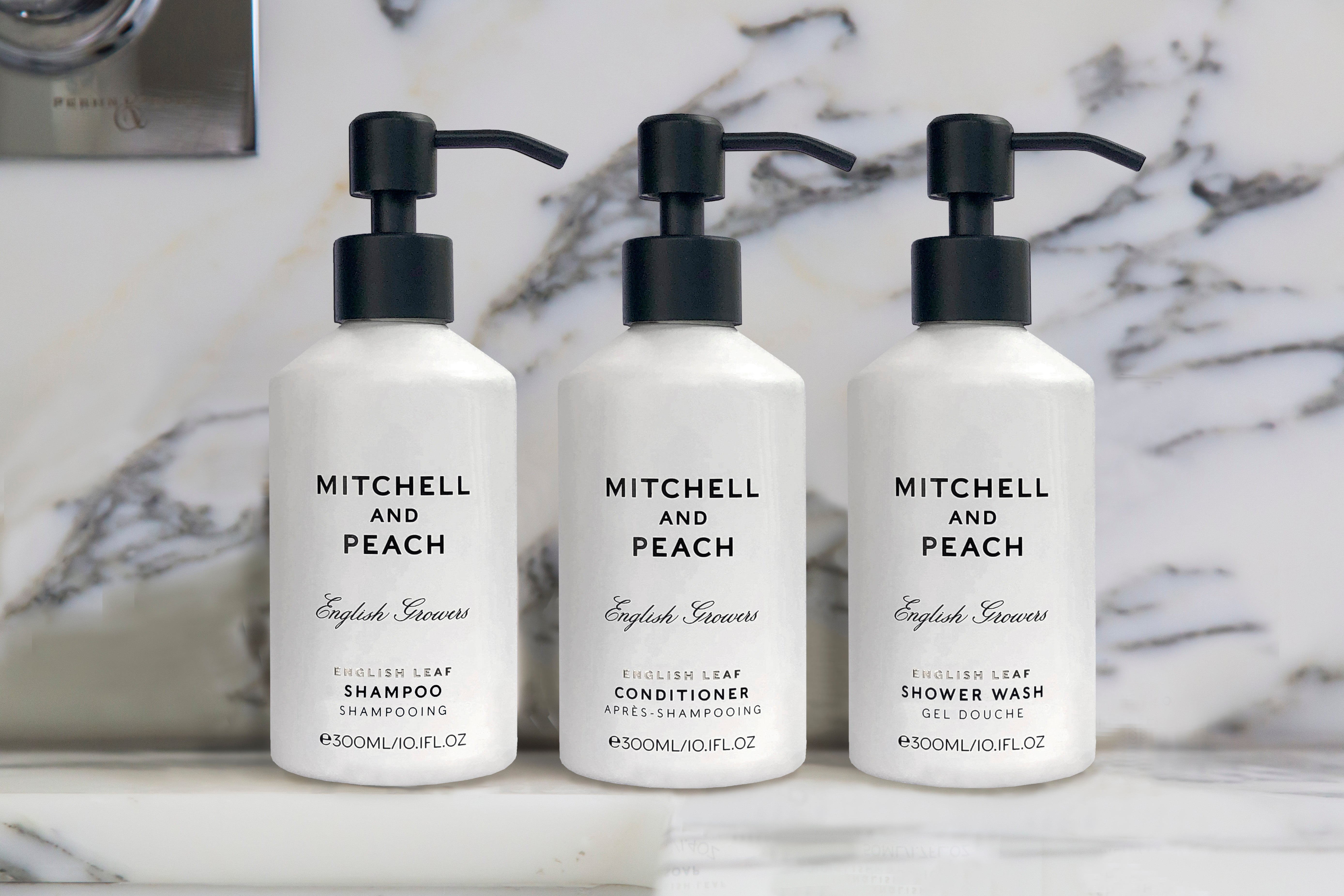 Mitchell and Peach English Leaf après-shampoing pompe acier